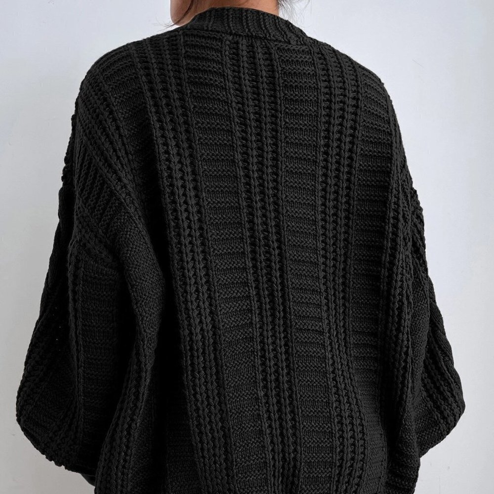 Black Casual Womens Solid Button Front Cable Knit Cardigan - Picture 2 of 5